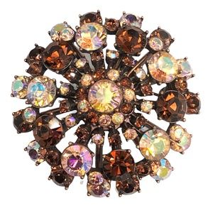 VINTAGE JOAN RIVERS AMBER & AURORA BOREALIS PINK DOME CRYSTAL BROOCH